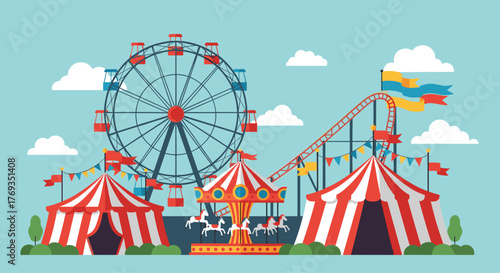 A vibrant carnival with its iconic ferris wheel and roller coaster against a cheerful sky for joyful memories