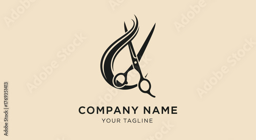 Elegant hairdresser symbol with cutting shears and a hair strand.