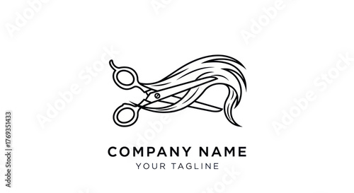 Minimalist line art logo of scissors cutting a lock of hair for a salon or barber.