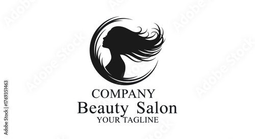 Elegant Beauty Salon Logo Featuring a Womans Silhouette with Flowing Hair.