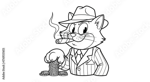 Cartoon cat gangster wearing a fedora hat smoking a cigar next to a stack of chips illustration