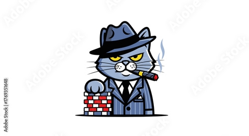 Cartoon gangster cat mascot in pinstripe suit, holding brick wall, isolated on white backdrop