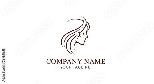 Elegant line art logo of a womans face with flowing hair and stars.