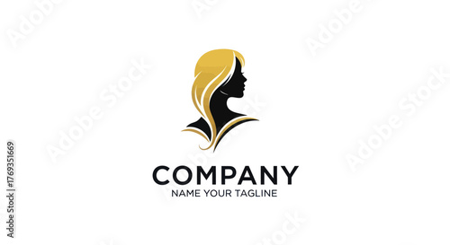 Elegant silhouette logo of a woman with flowing golden hair, representing beauty and style.