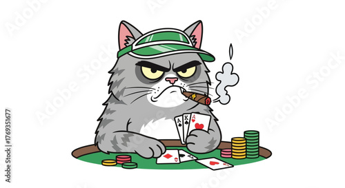 Illustration of a grumpy cartoon cat wearing a visor and playing poker while smoking a cigar