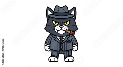 Cartoon illustration of a sly gangster cat in a pinstripe suit with a cigar and fedora