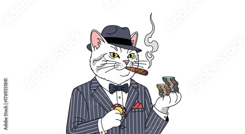 Sophisticated feline persona illustration with pinstripe suit, cigar and casino chips exhibiting