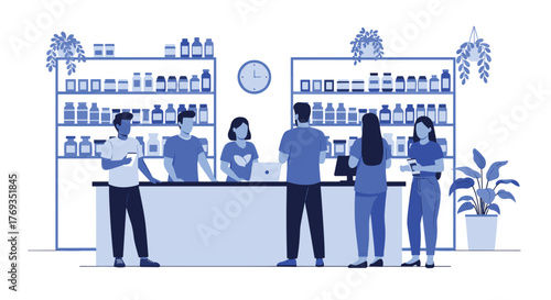 Customers consulting with friendly pharmacy staff at dispensary counter, seeking advice and purchasing medicine in a modern, clean store setting