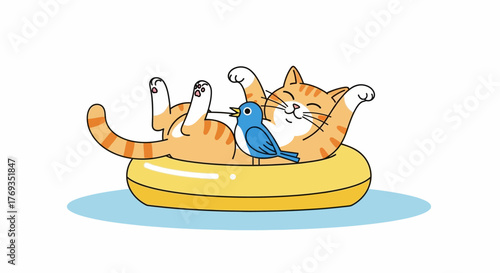 Cartoon cat chilling in a float with a blue bird perched near its head enjoying the summer day