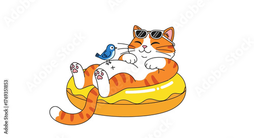 Relaxed feline illustration enjoying summertime on an inflatable donut with a little bird