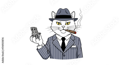 Illustration depicting an anthropomorphic cat in a pinstripe suit smoking a cigar and holding