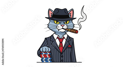 Cartoon cat character in pinstripe suit, fedora, cigar, poker chips illustration