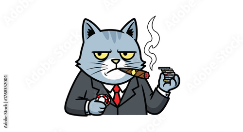 Cartoon of sophisticated cat in a suit, smoking cigar and holding poker chips in casino