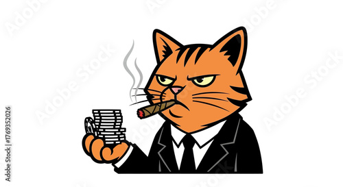 A smug feline tycoon with a cigar holding a stack of poker chips illustration