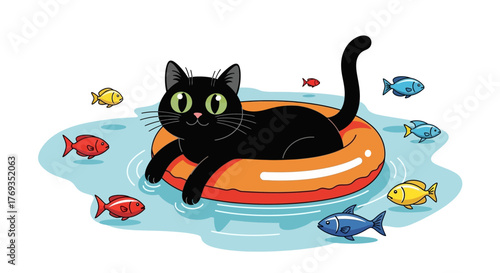 Cartoon black cat enjoying summer vacation floating in a colorful swim ring among playful fish