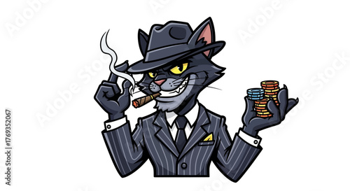 Cartoonish cat character wearing a suit and hat holding poker chips and smoking a cigar