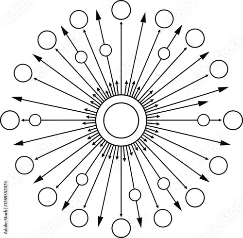 Centralized radial distribution diagram illustrating a massive data flow or information burst from a single hub to numerous nodes in a radiating, high-speed network.