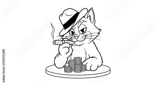 Cartoon cat in a fedora smoking a cigar with poker chips outlined style design