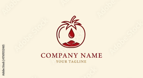 Tomato logo design with a drop of juice and company name.