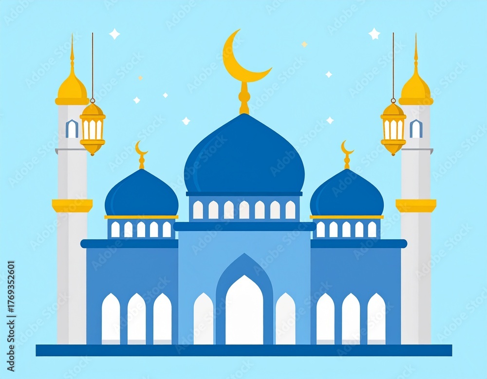 Fototapeta premium Stylized Mosque with Golden Domes and Lanterns on Blue Background