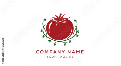 Red Tomato Logo with Green Vine Wreath Design.