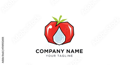 Geometric red tomato logo with a fresh water drop symbol.
