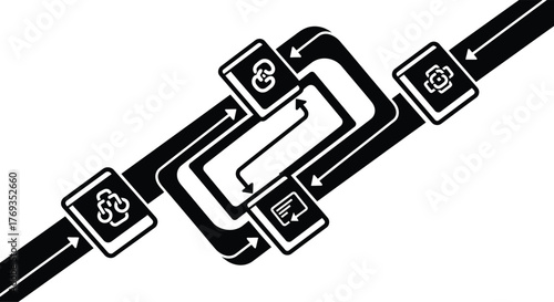 Continuous business process diagram showing a seamless, iterative loop workflow with four sequential stages, representing development, operation, and optimization cycle for technology.