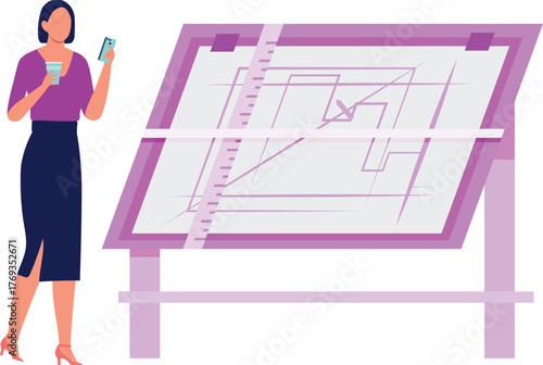 The girl is pointing architect plan