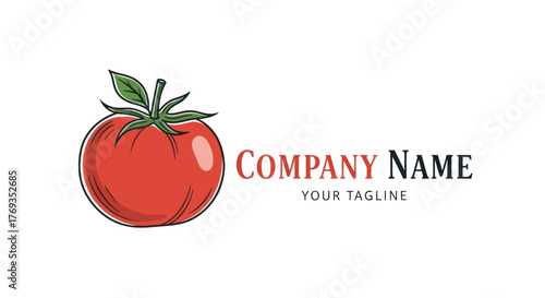 Fresh Ripe Tomato with Green Leaves and Company Logo.