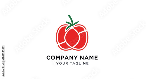 Minimalist Red Tomato Logo Design with Green Stem and Abstract Lines.