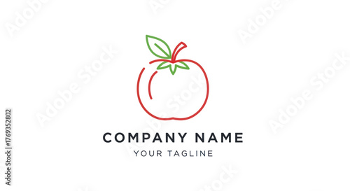 Minimalist Tomato Logo Design with Green Leaf and Red Outline.