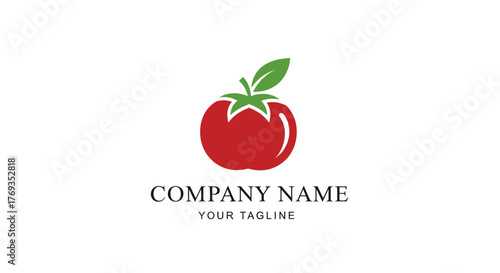 Vibrant Red Tomato Logo with Green Leaf and Stem.