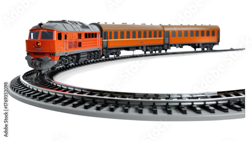 Orange train on a curved track model on transparent background