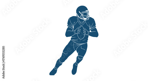 Stylized blue line art illustration of an American football player running with the ball on a white background.