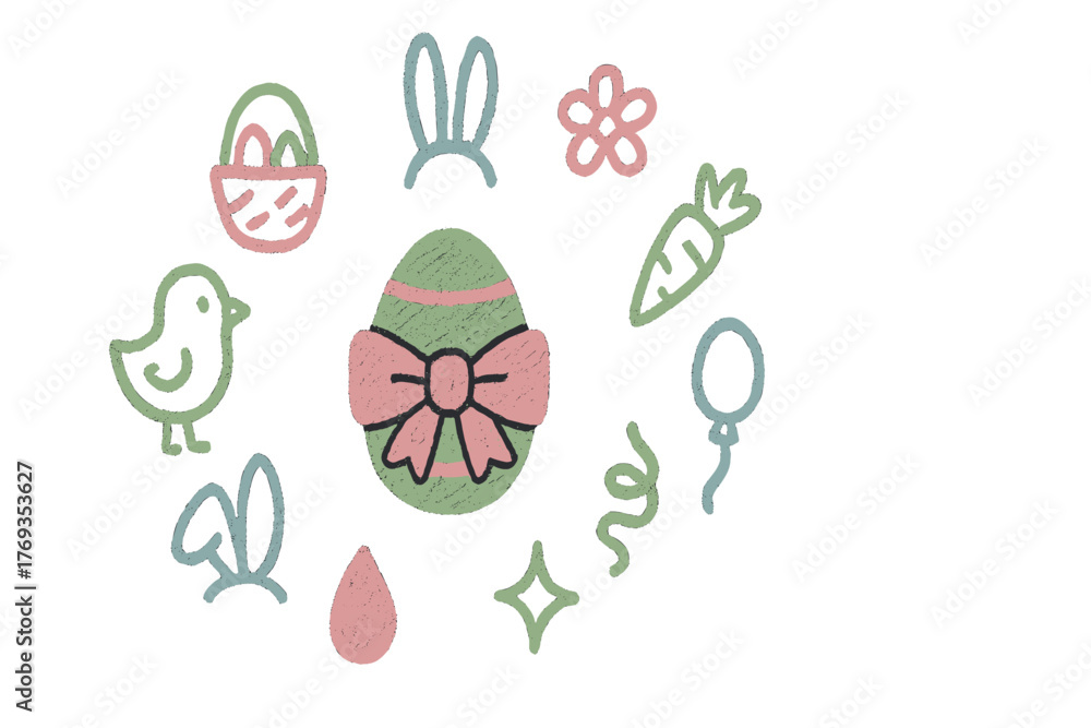 Obraz premium Decorative spring symbols with an Easter theme, featuring an egg, bunnies, and flowers arranged in a playful circle