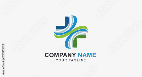 Medical cross logo with wavy lines representing health and care.