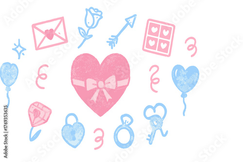 Colorful love symbols surround a central heart celebrating romance and affection in a cheerful design