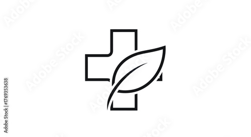Medical Cross with Leaf Symbolizing Natural Health and Wellness.