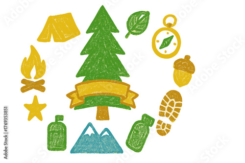 Creative outdoor activity doodles featuring trees, camping gear, and nature symbols
