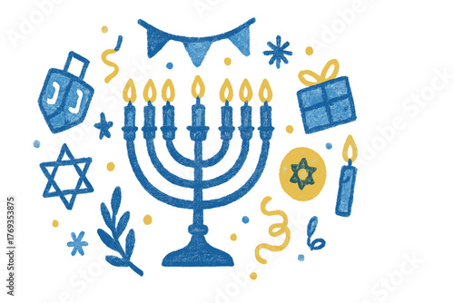 Celebration of Hanukkah with symbols including a menorah, gifts, and festive decorations in vibrant colors