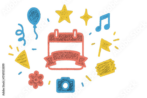 Colorful doodles representing a festive event with decorations, symbols, and activities in a playful design