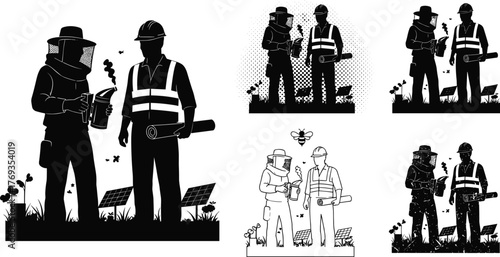 Silhouette vector illustration of beekeeper and construction worker collaborating outdoors with solar panels, bees, sustainability, teamwork, agriculture, environment, and industry