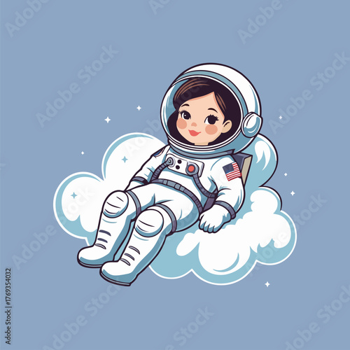 An adorable scene featuring a cheerful astronaut in a bright spacesuit, lounging on a soft cloud while sketching the galaxies in a floating notebook, with friendly space critters curiously peeking ove