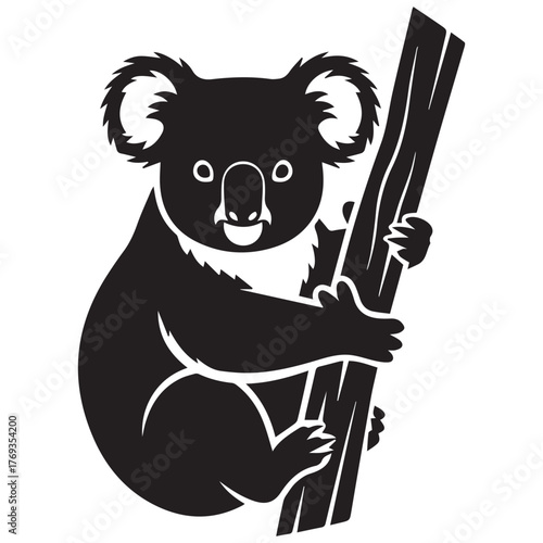 Black silhouette of a cute koala clinging to a tree branch