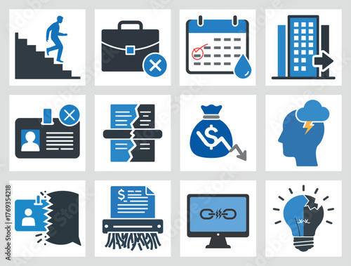 4x3 Business and finance concept icons set depicting career progression, financial losses, data breaches, and idea generation in a modern style