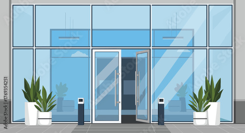 Office building with modern glass doors and vibrant green plants, a bright and open space for business and innovation