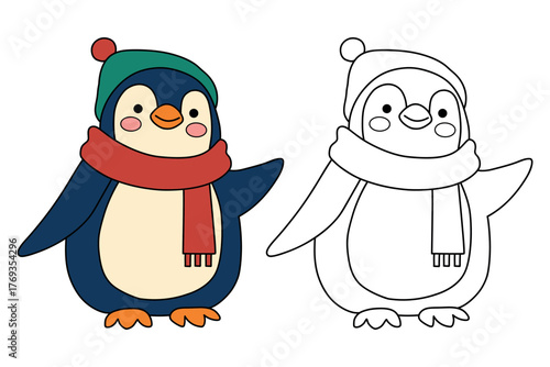 Cute penguin wear scarf coloring pages for kids printable vector