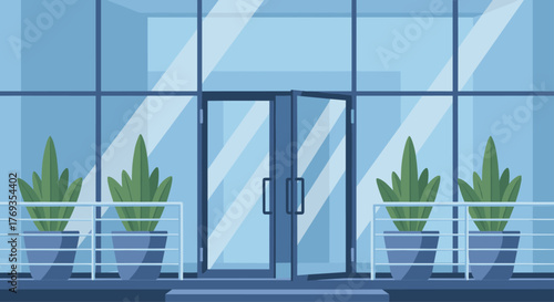 Bright modern glass office entrance with vibrant plants, inviting growth and prosperity for your business ventures