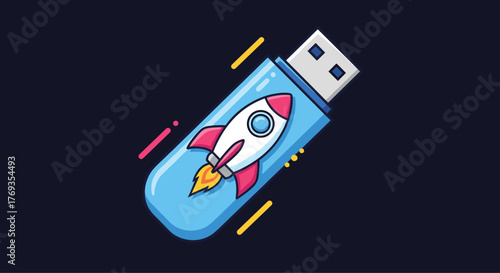 Launch your data with this speedy USB drive featuring a rocket, ideal for tech blogs, marketing, and creative design projects requiring a fast storage solution