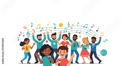 Diverse group singing joyfully into microphones with musical notes, perfect for choir, karaoke, celebration, or community event promotions